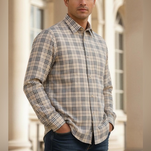 Burberry London Nova Check Blue & Cream Plaid Long Sleeve Button Shirt 100Cotton